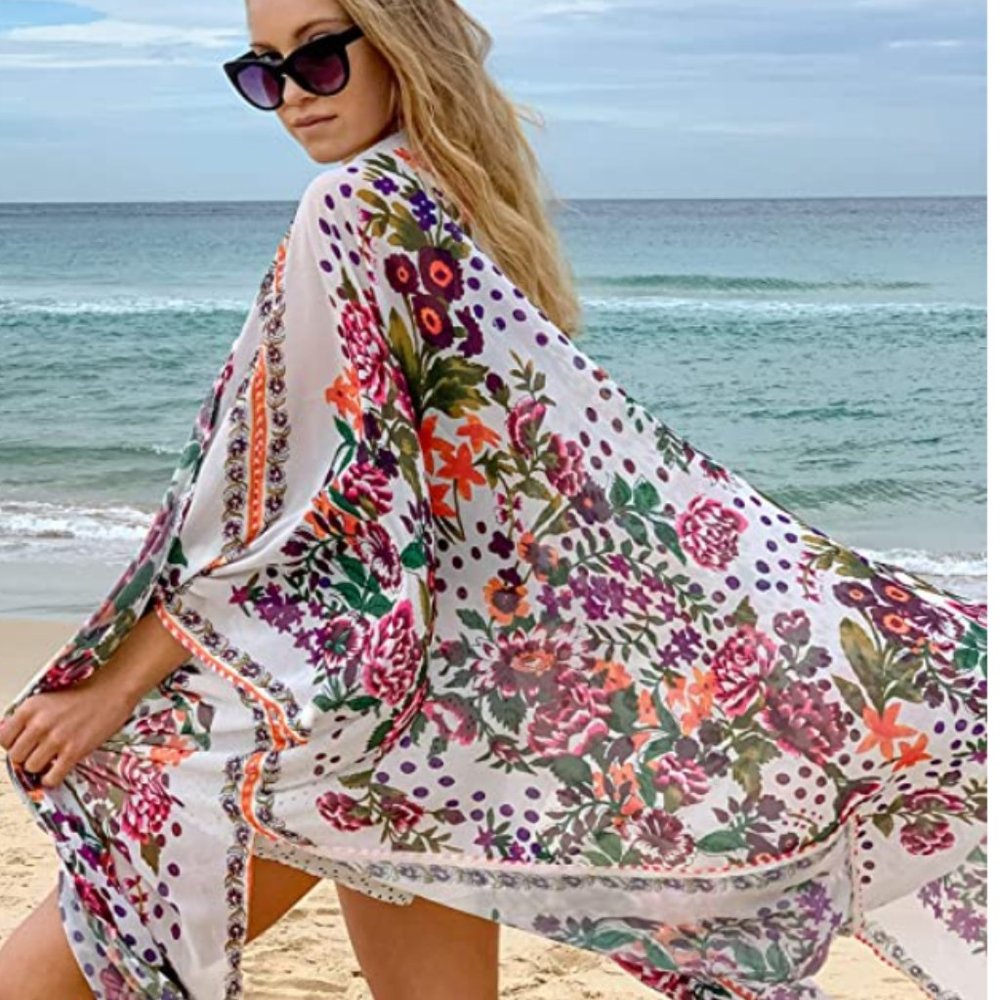 NWOT Women's Chiffon Floral Kimono Cardigan Long Swimsuit Cover-Up Size Large